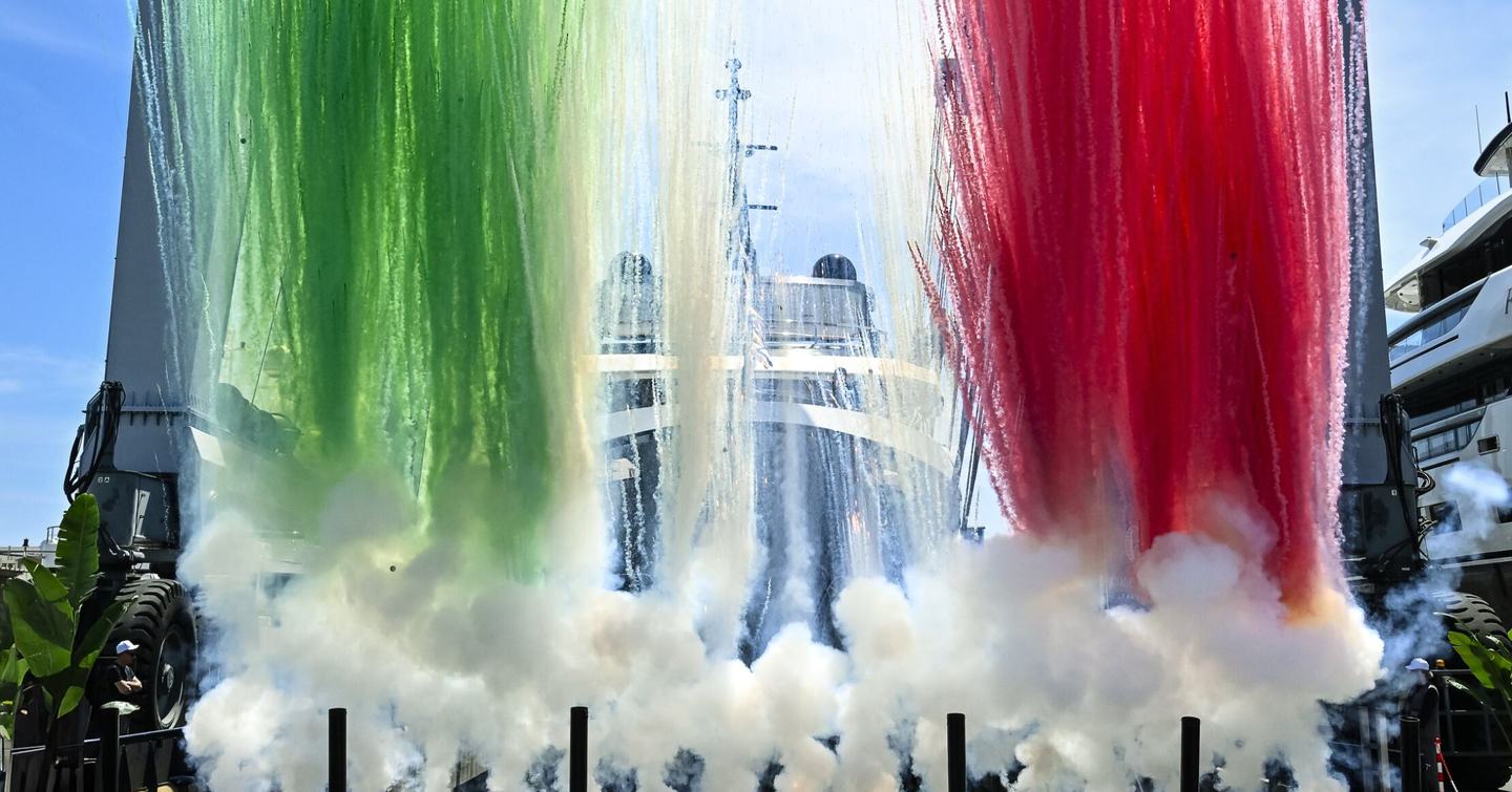 Superyacht Big Naan at launch with colourful confetti