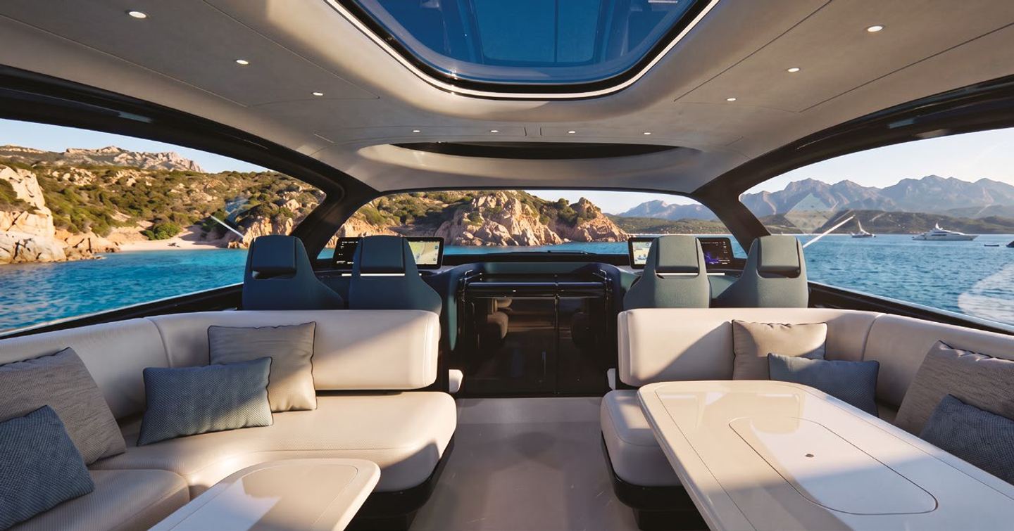 Rendering of ICONA 70 motor yacht salon with dual white sofa 