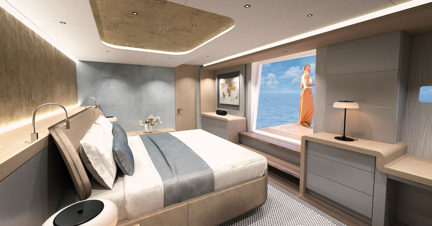 Double bed in cabin with balcony open and person standing on it with sea in background