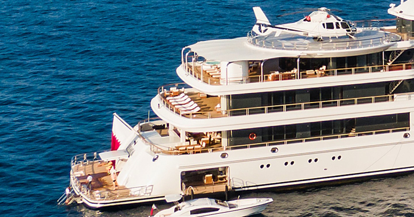 Superyacht Katara aft decks with helicopter and deployed tender 