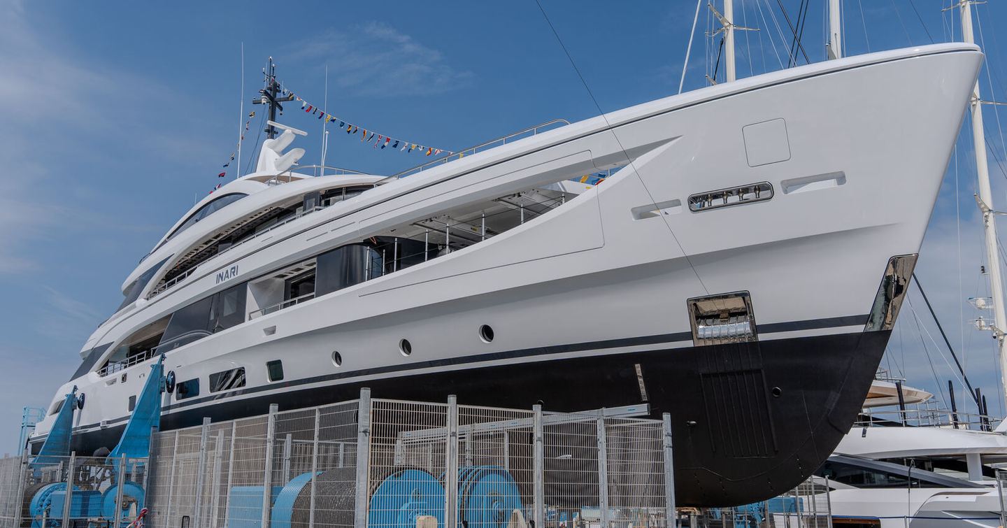 Benetti B.Now 50M yacht Inari at shipyard bow view 