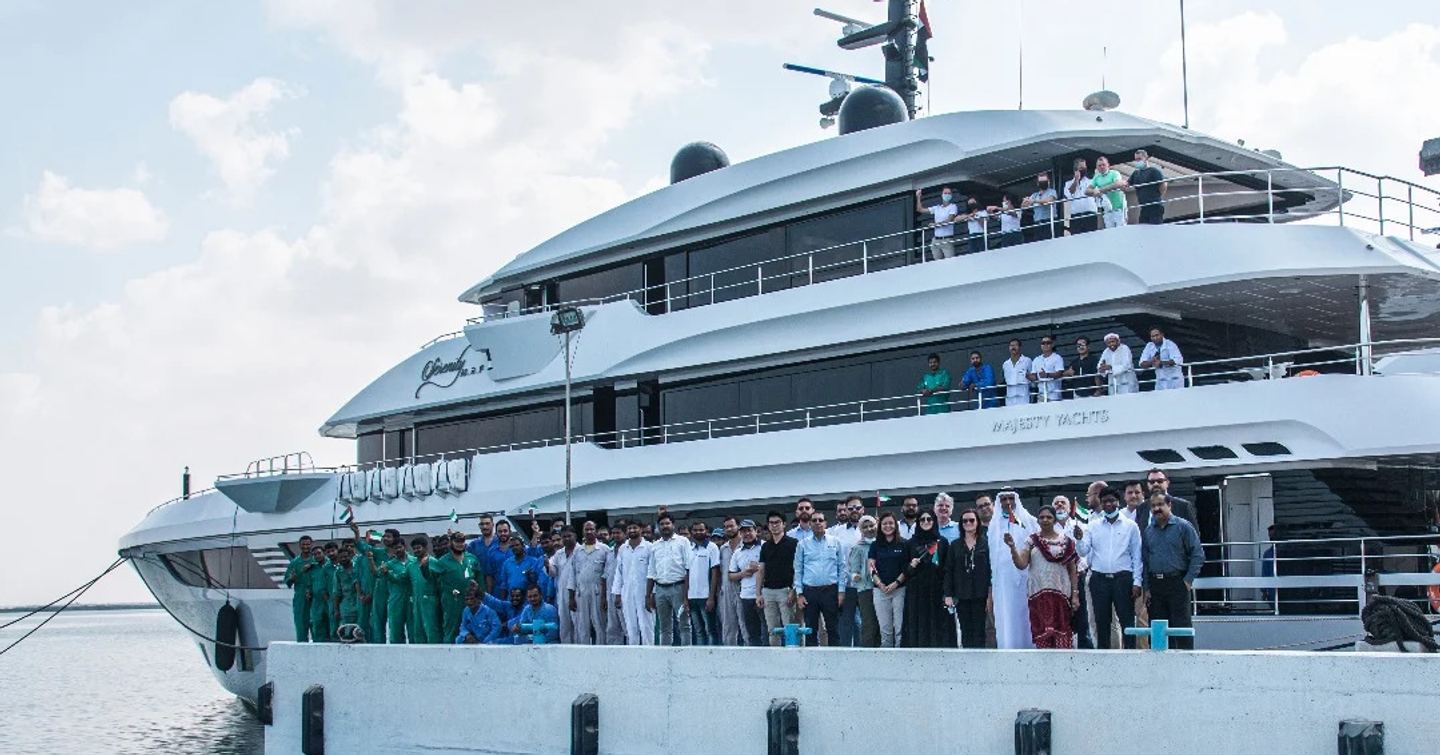 Crowd of Gulf Craft staff at delivery of Serenity M.R.F