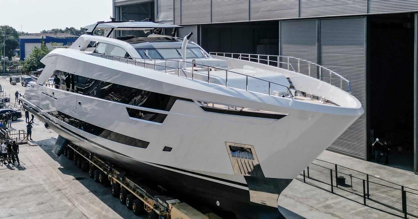 Bow shot of Superyacht Ximena on trolley on way to her launch