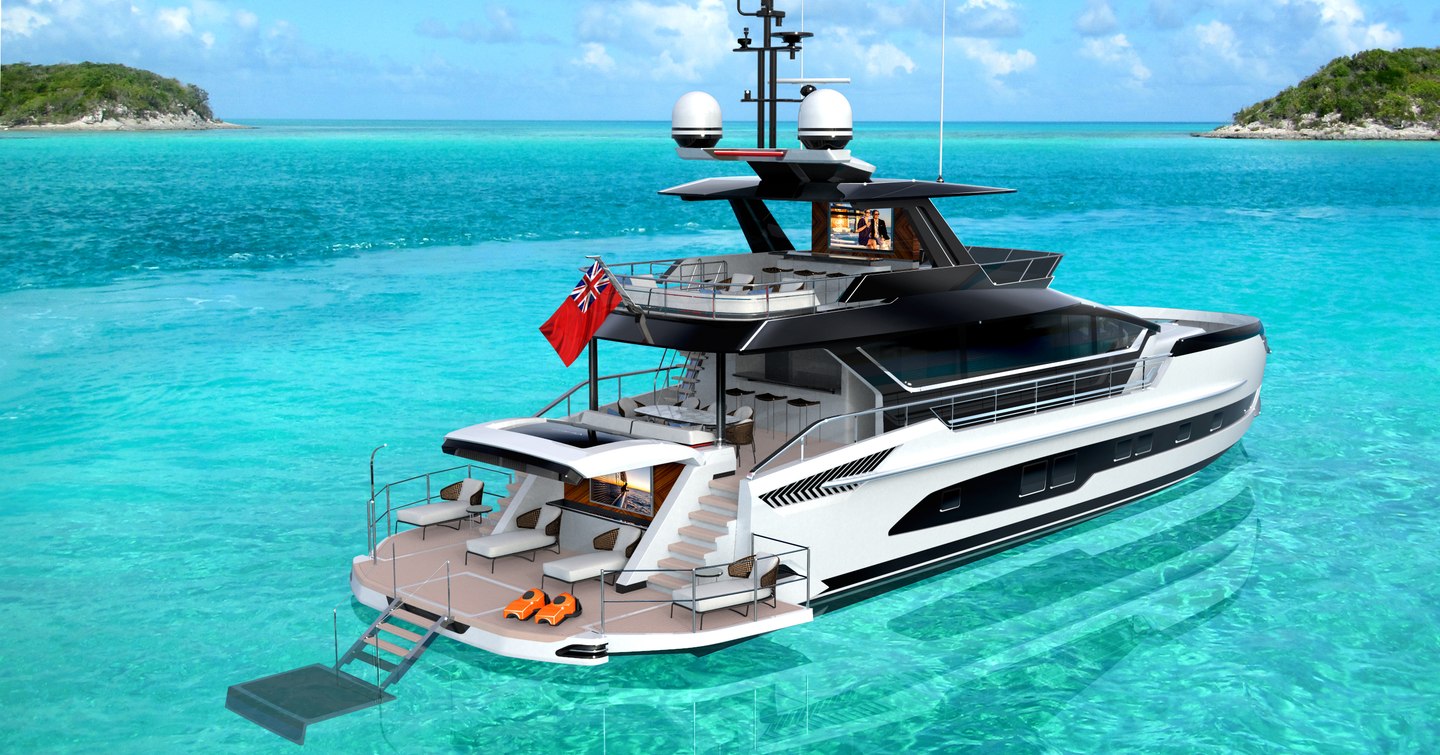 GTM series yacht with swim platform open on calm water