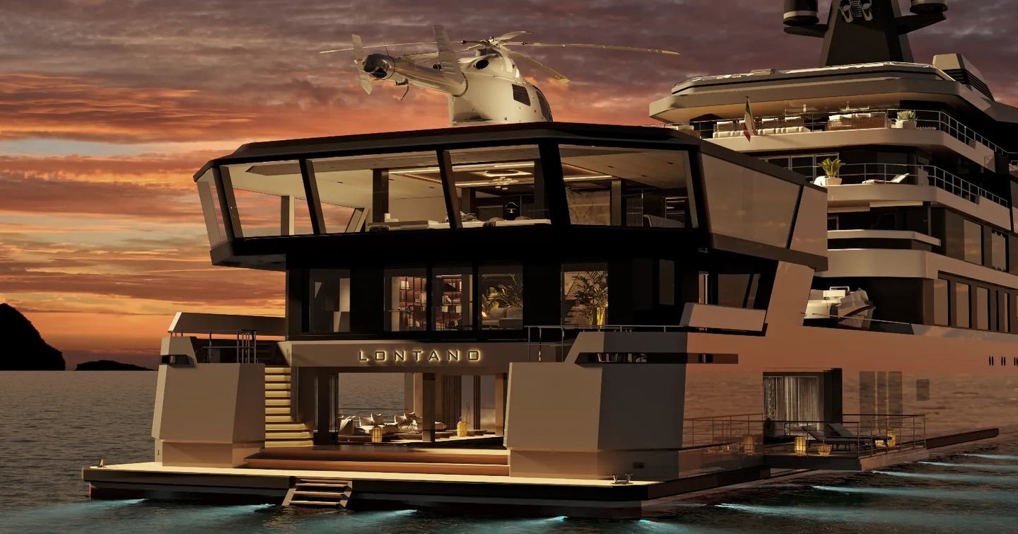 Rendering showing aft view of LONTANO with helipad and helicopter