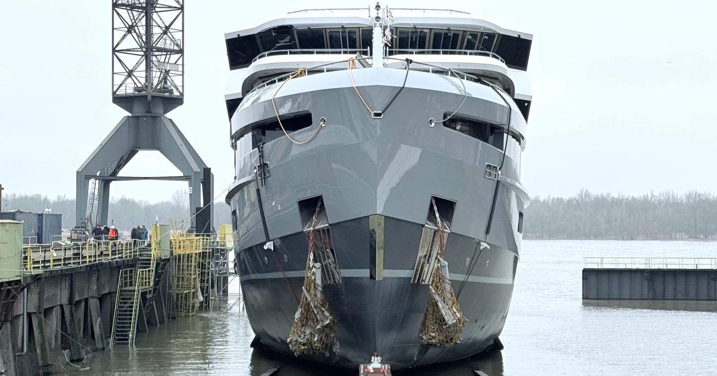 Front shot of Expedition Yacht Horizon during launch ceremony
