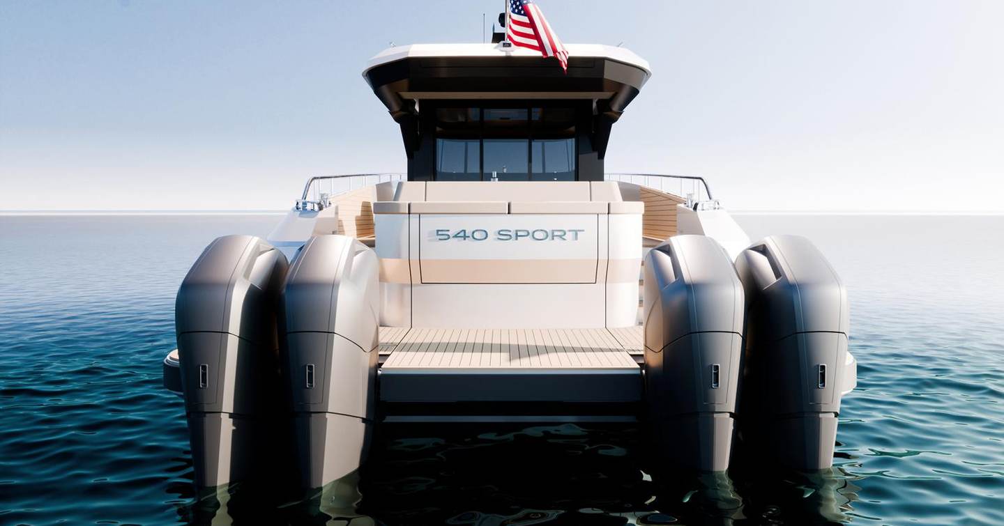 Rendering of Outer Reef 540 Adventure Sport yacht stern with outboard 