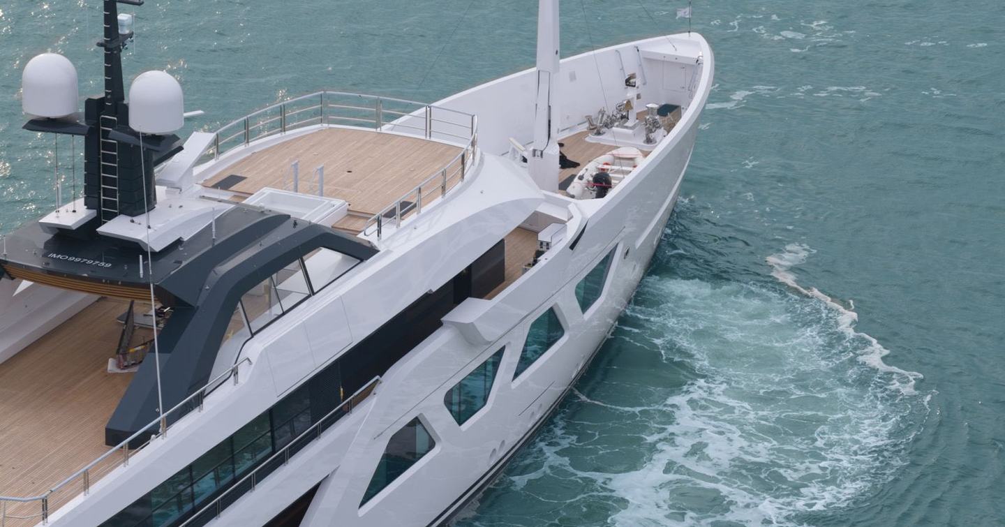 Aerial view of Ninth Amels 60 Motor Yacht foredeck while under way on sea trials