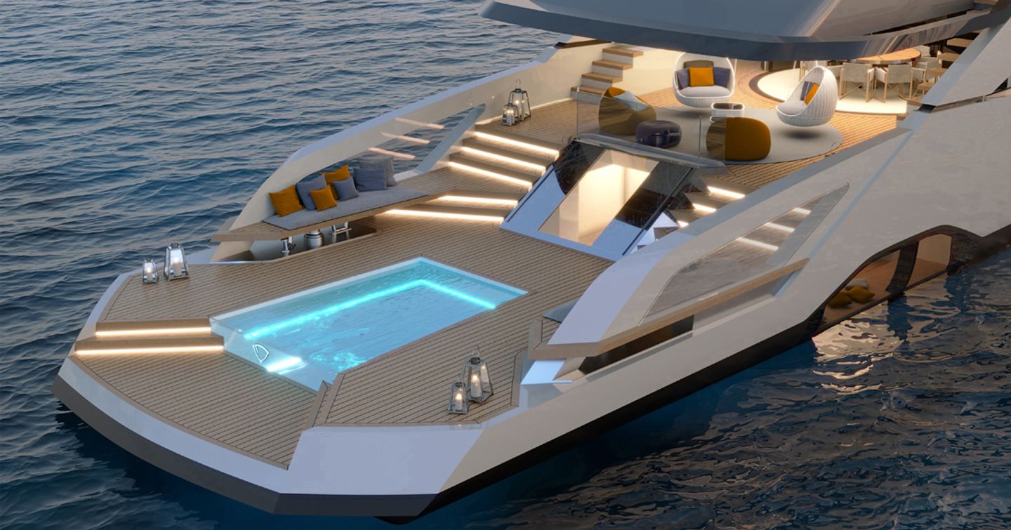 Rendering showing large beach club area on Tankoa T55 Sportiva