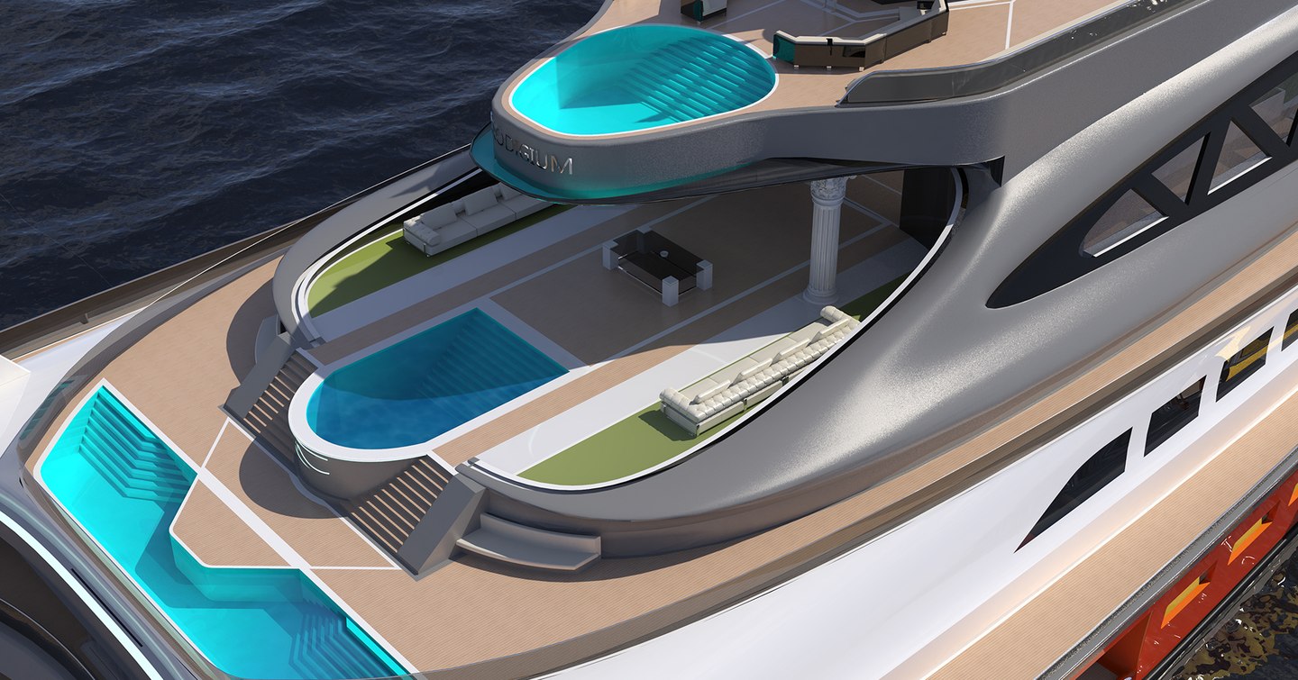 CGI of Prodigium Concept showing three pools on three decks