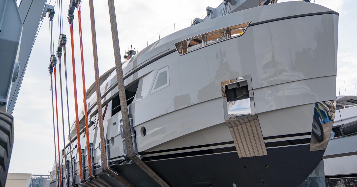 Under shot of Columbus Atlantique 38M Superyacht Principessa Capricciosa at launch ceremony
