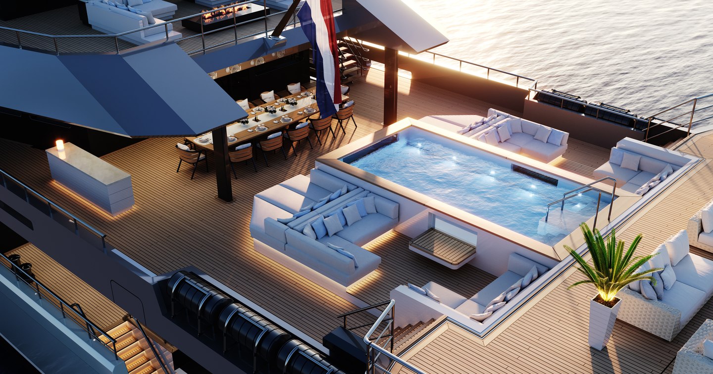 CGI showing upper deck swimming pool and living area