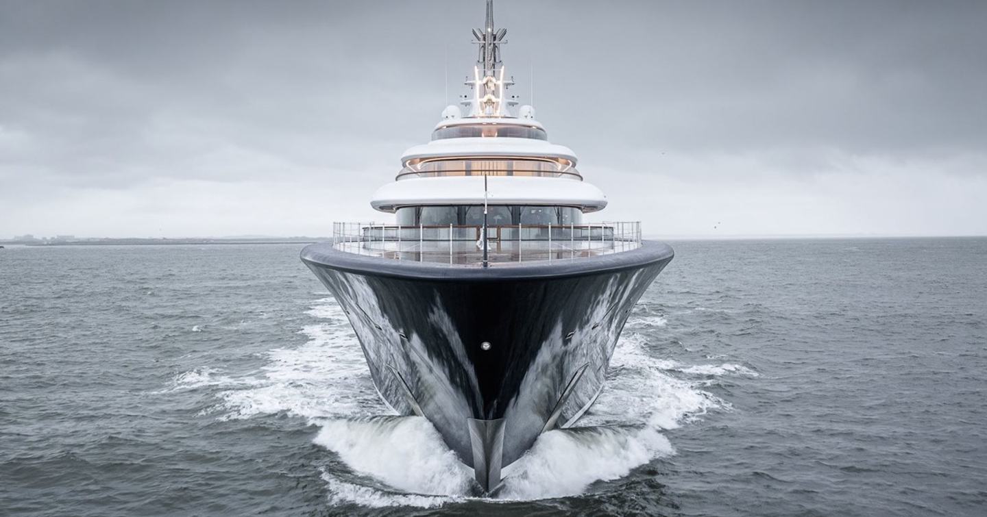 A bow shot of Feadship Project 821 on sea trials