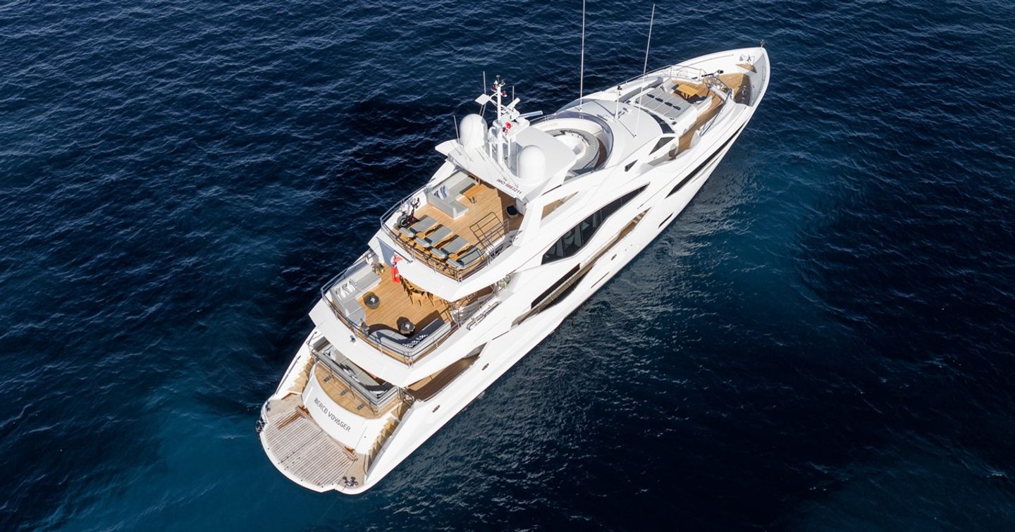 Aerial view of Superyacht Berco Voyager at anchor 