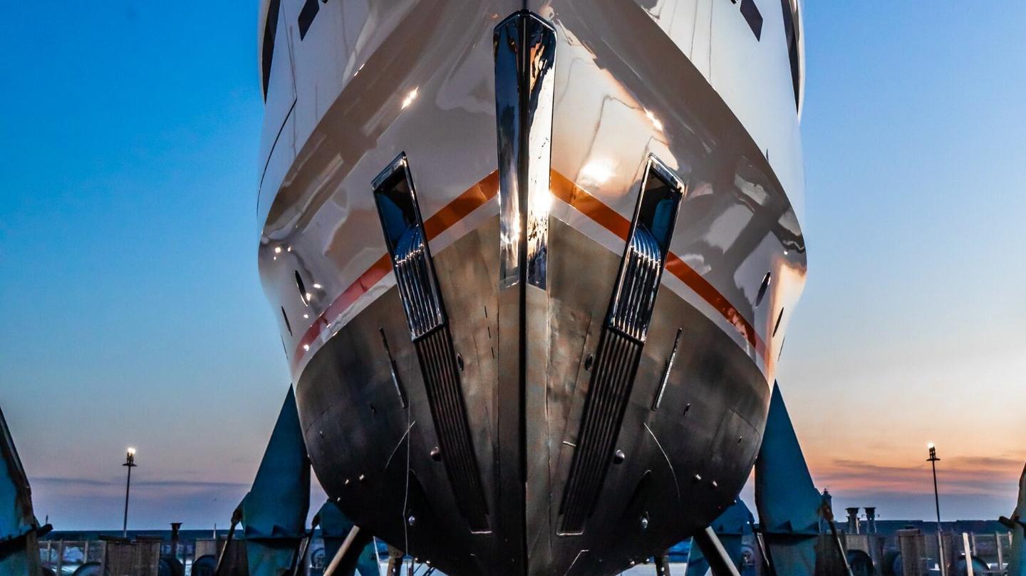 Close up of Superyacht Xwave hull at launch