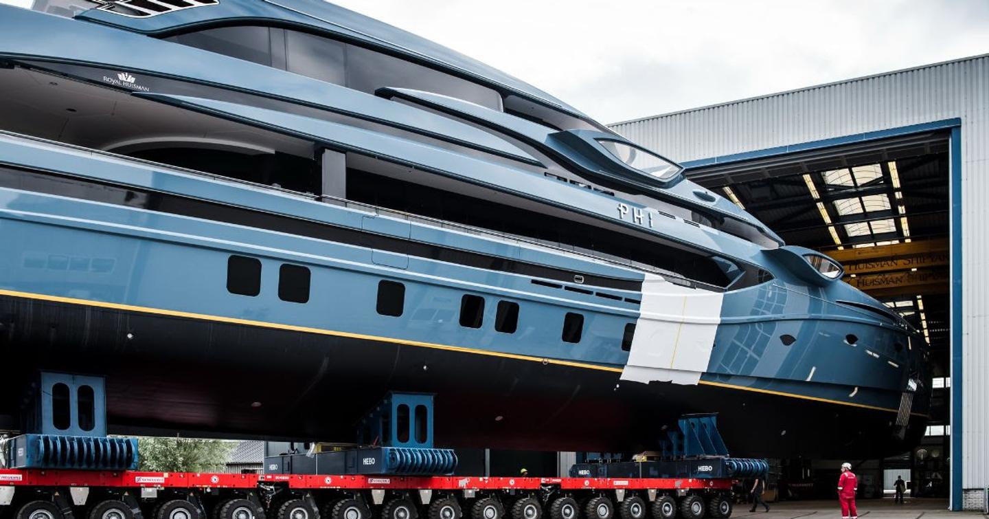 Royal Huisman superyacht PHI going into outfitting shed