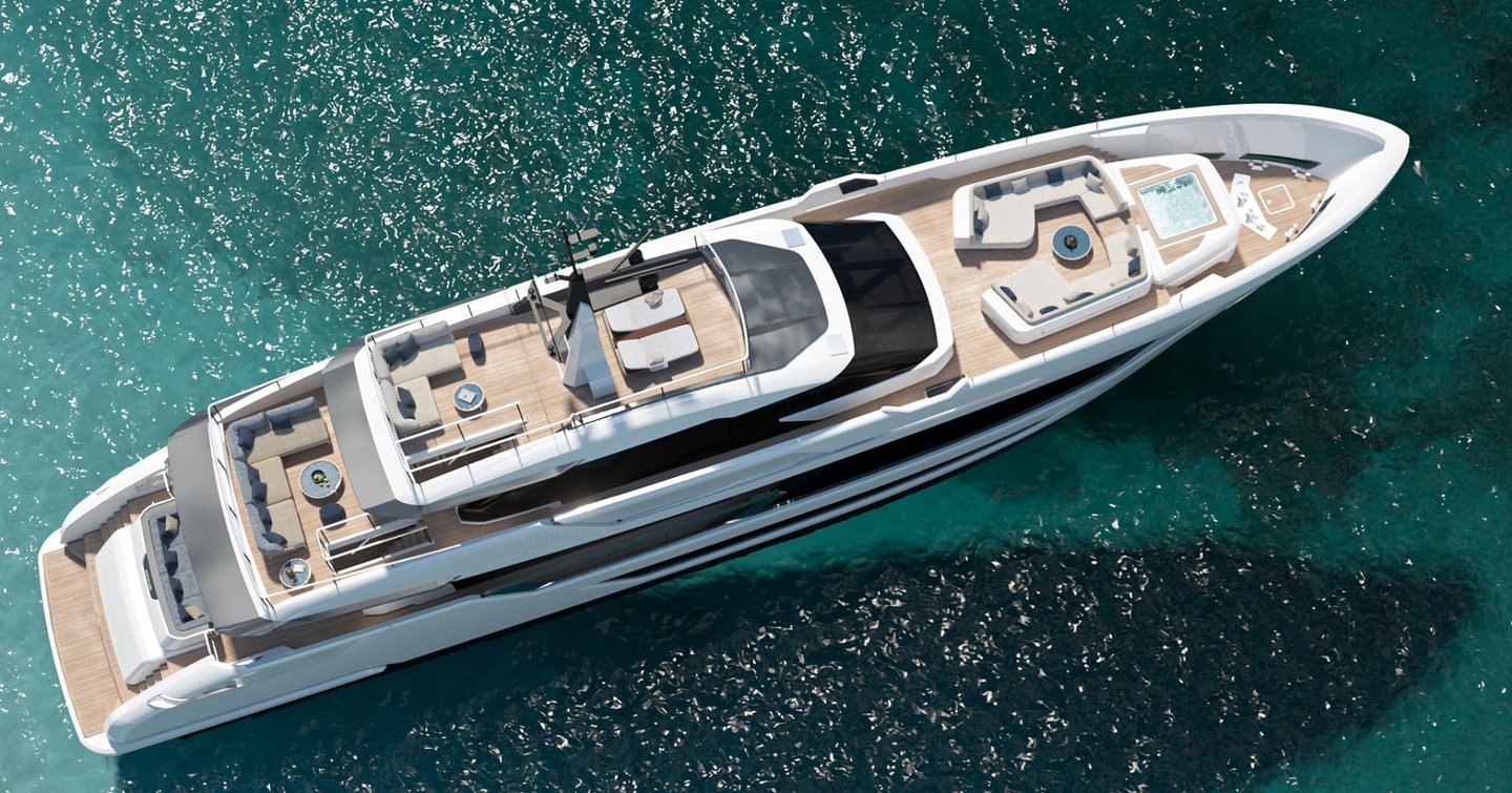 Aerial rendering of Custom Line Saetta 128' motor yacht 