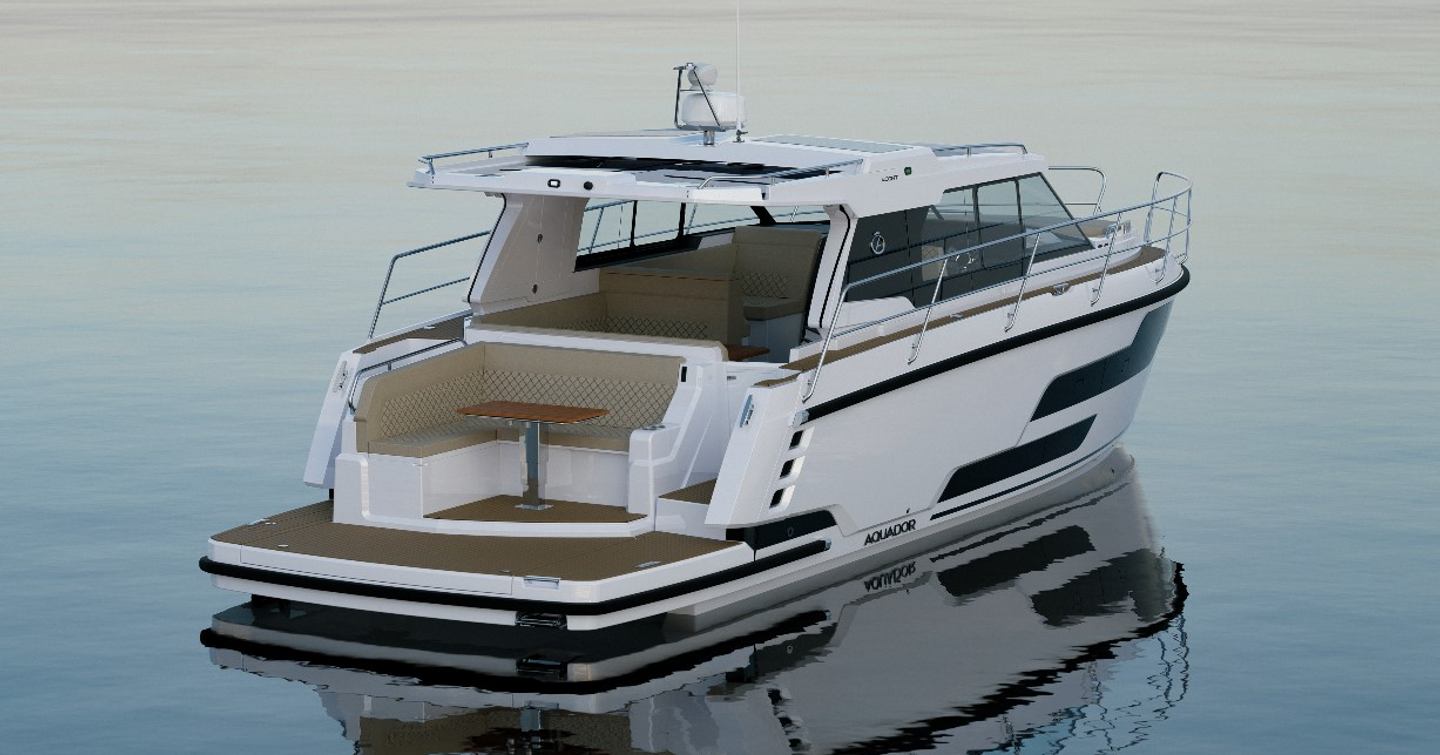 A stern view render of the Aquador 400 HT