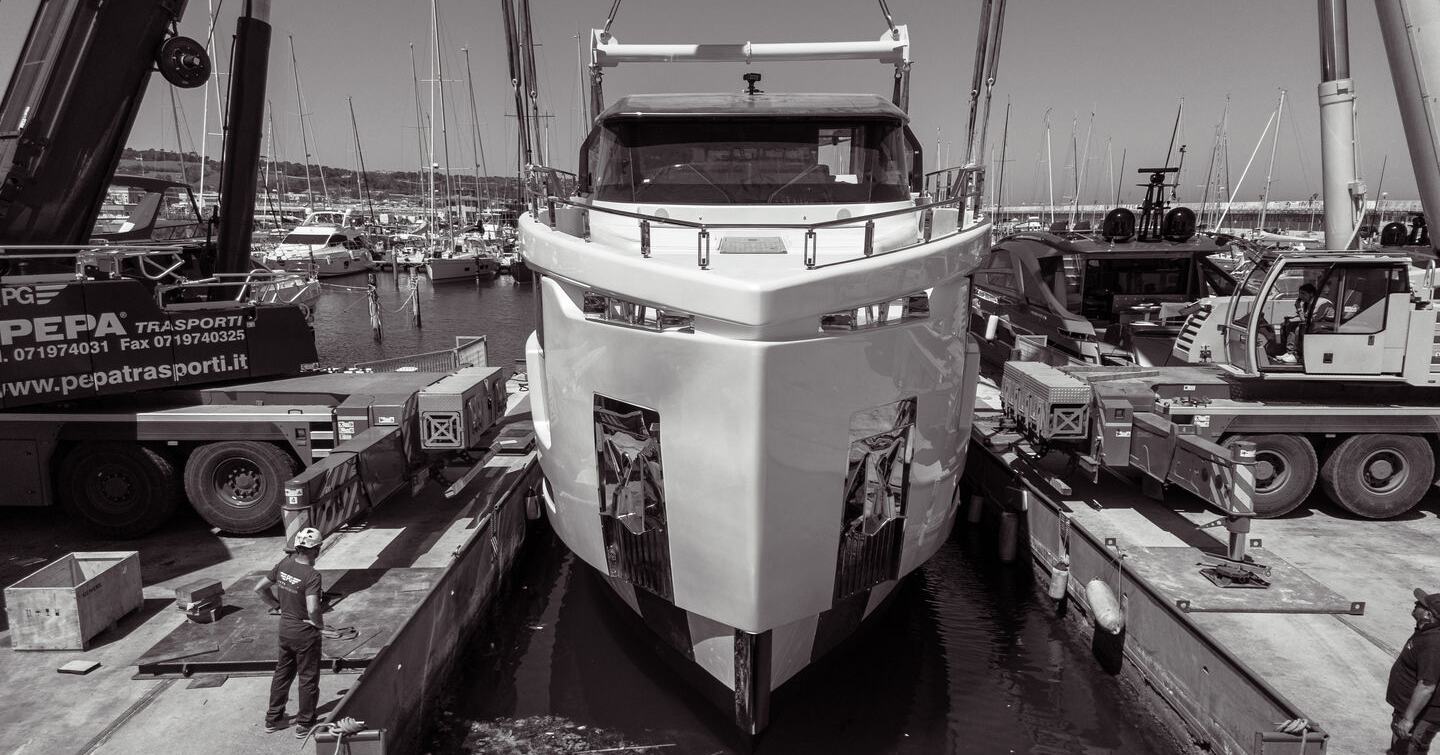Fourth Alpha Squalo 100 superyacht view of bow during launch 