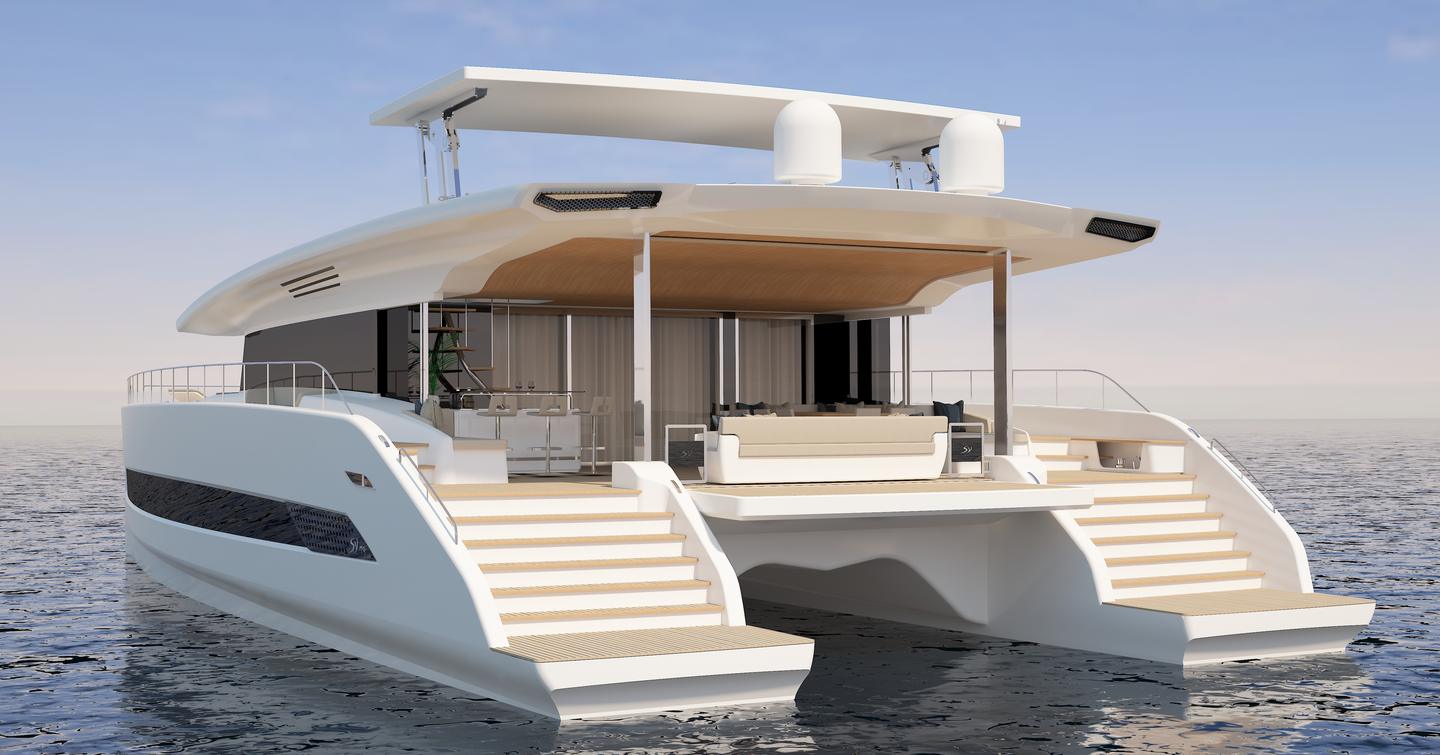 Rendering of SY80 flybridge catamaran stern