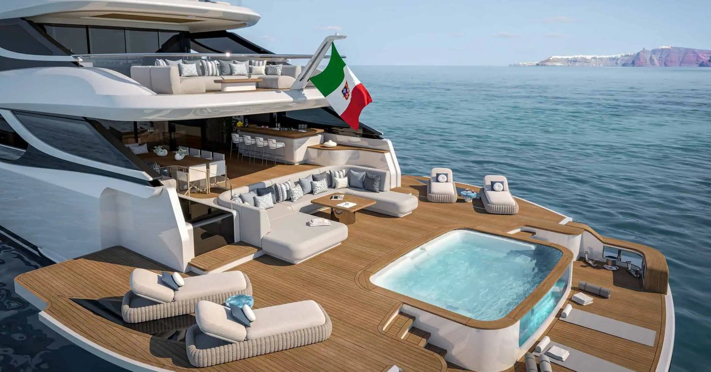 Rendering of Benetti B.Now 52M superyacht oasis deck wtih infinity pool and sun loungers 
