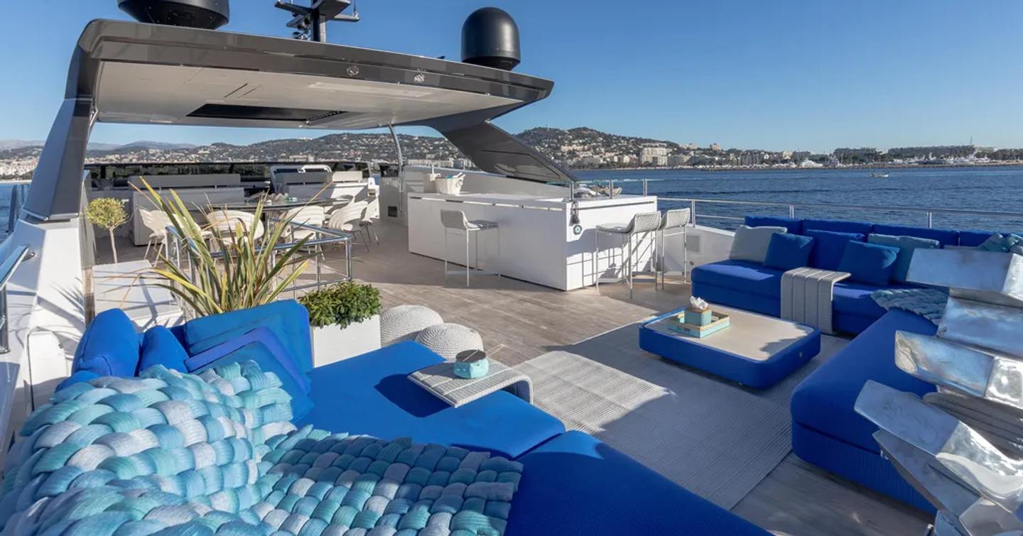 Superyacht Amorcito's flybridge with lounge area, bar and helm station
