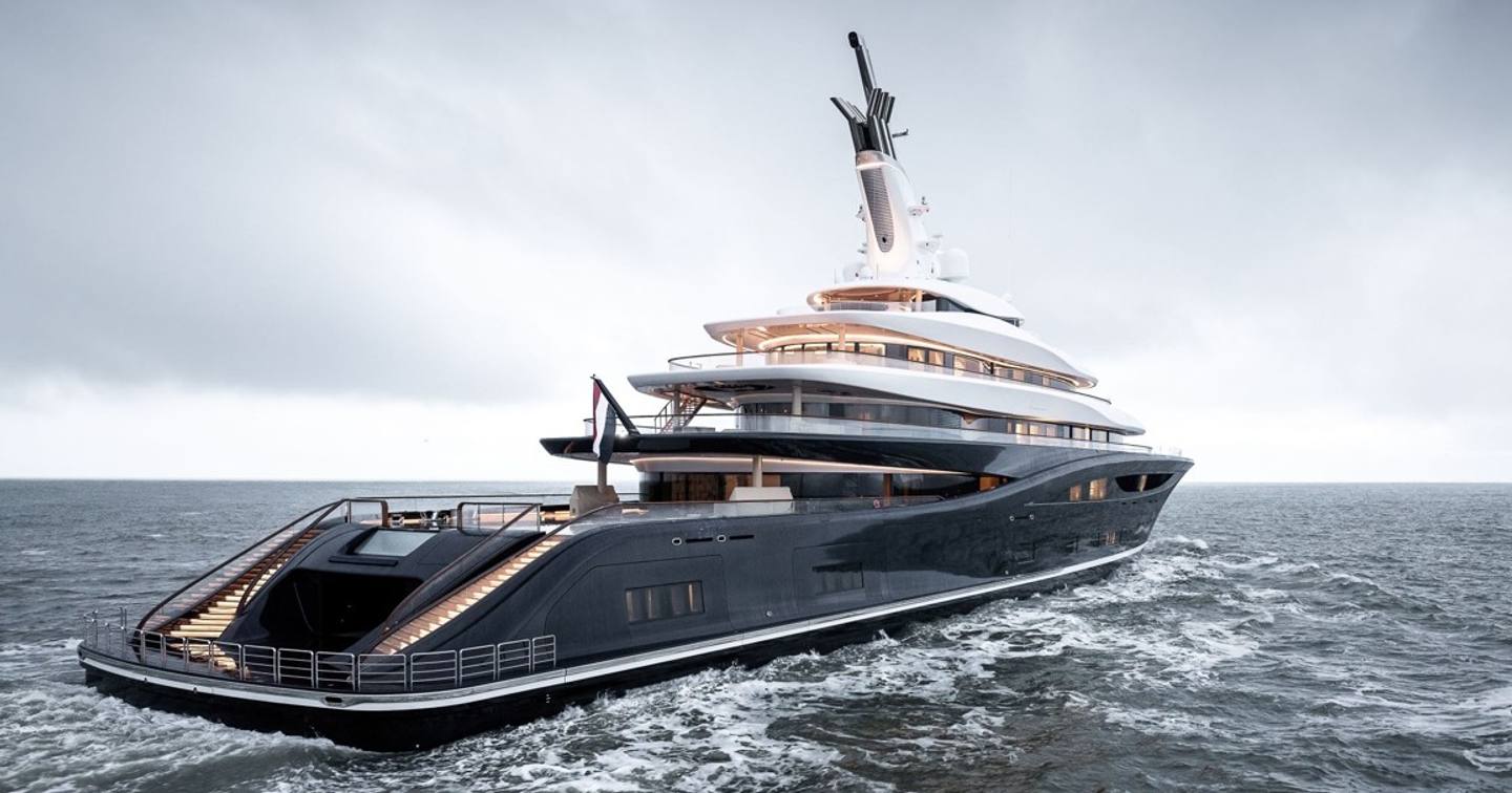 A stern view of the Feadship Project 821 on sea trials