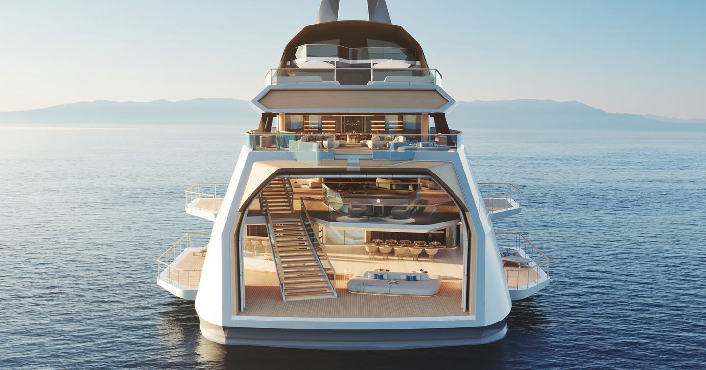 Rendering of Feadship Superyacht Hive stern with fold out terraces