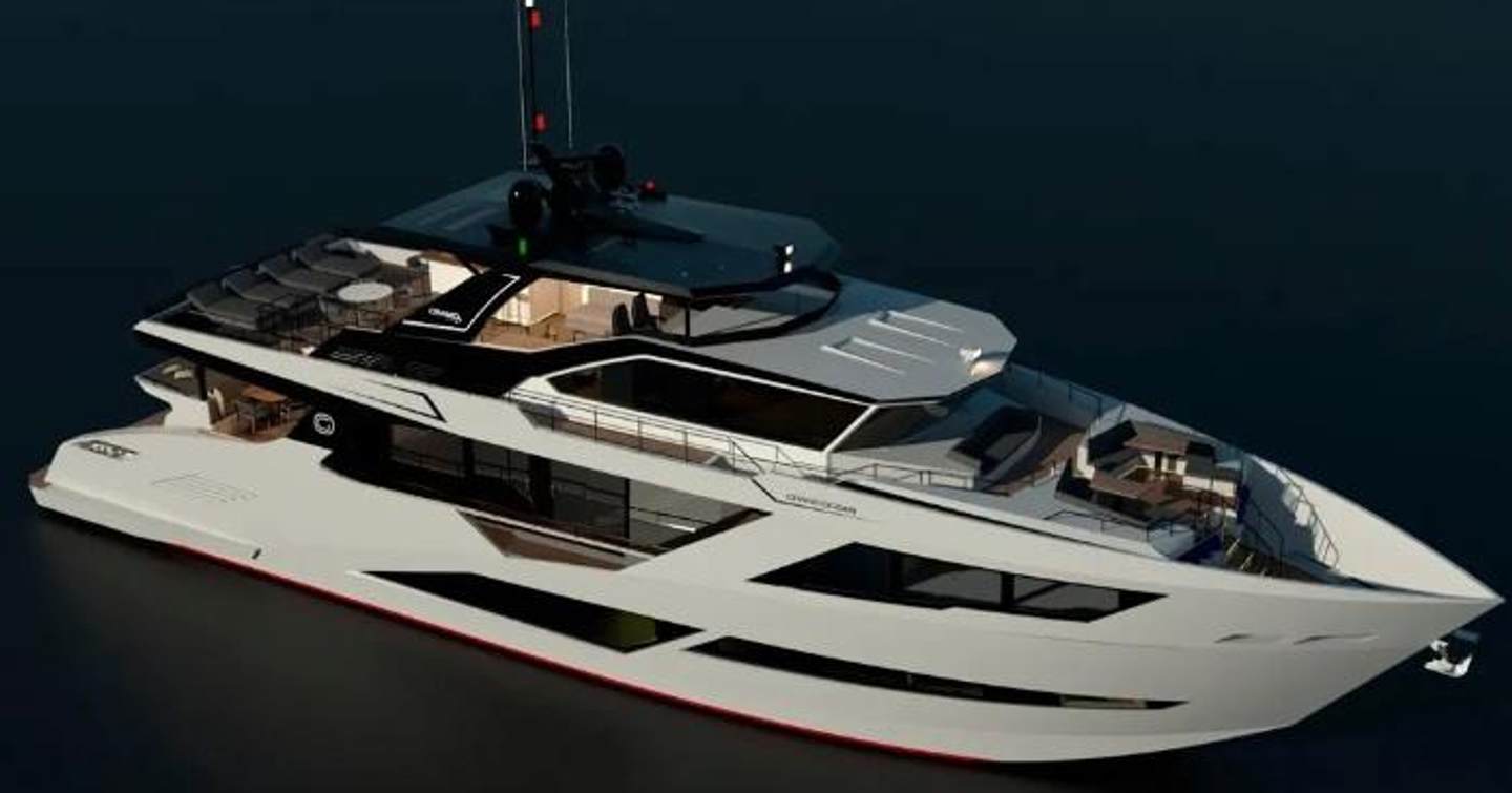 Grand Ocean motor yacht Motu rendering side view 