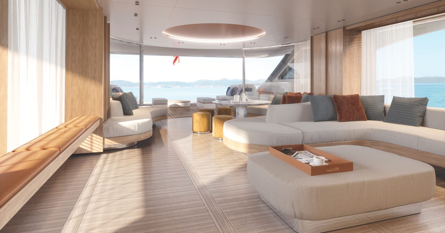 Interior rendering showing large lounge area and sofa seating of Oasis 34M