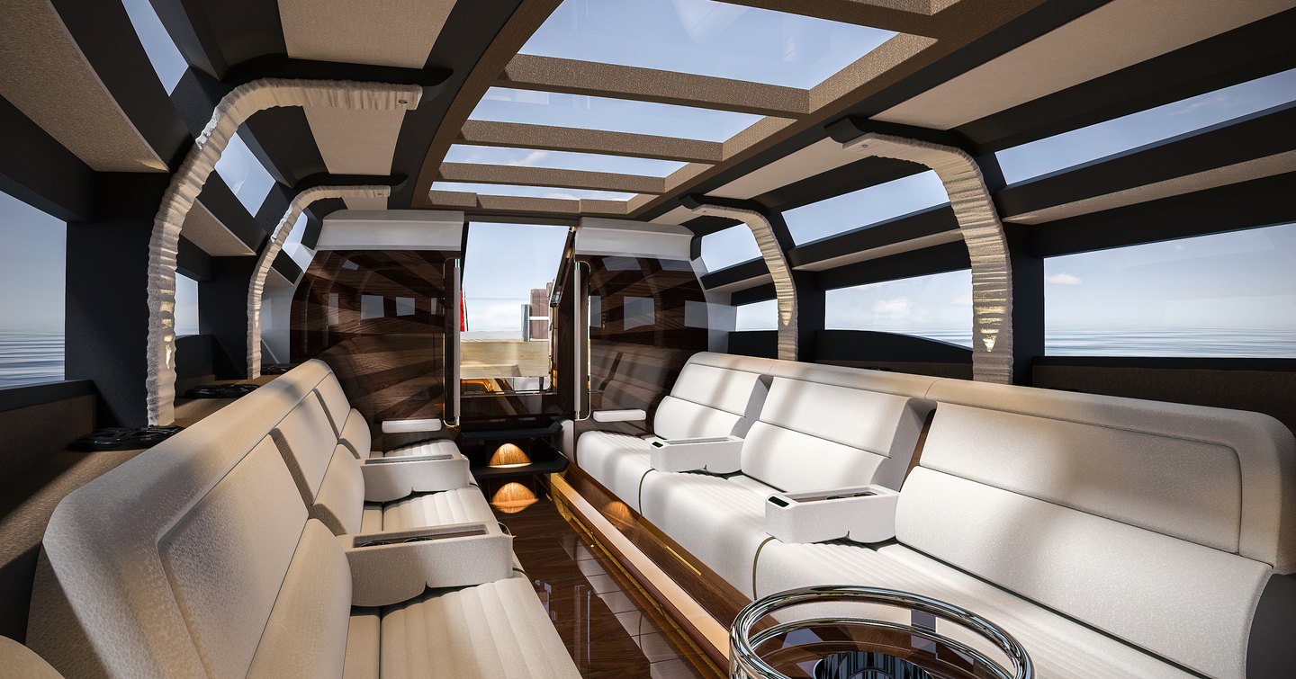 CGI of interior of Wooden Boats tender showing comfortable seating and lots of windows