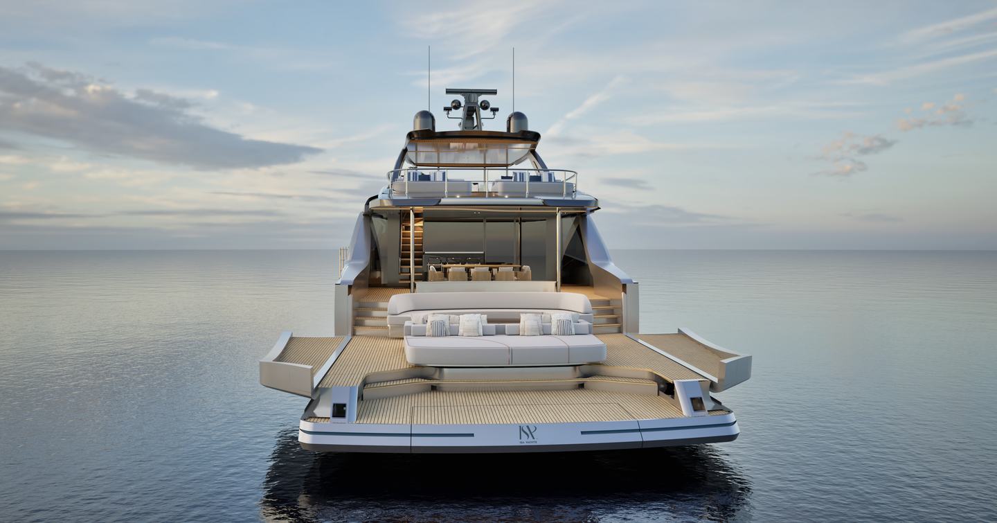 Rendering of first ISA Viper 130 superyacht extended beach club with fold out sides and sunpads