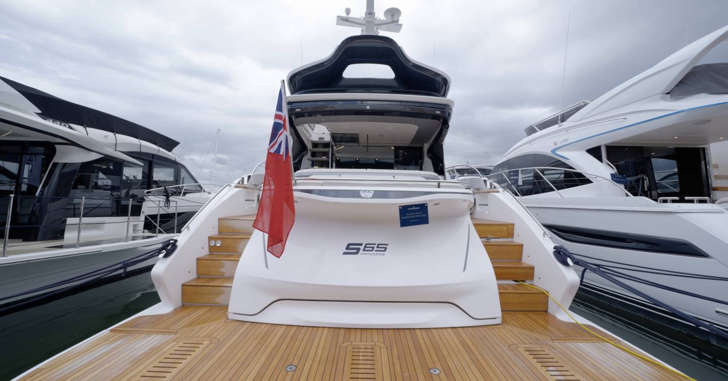 Princess S65 Mk2 stern with hydraulic bathing platform and tender garage door