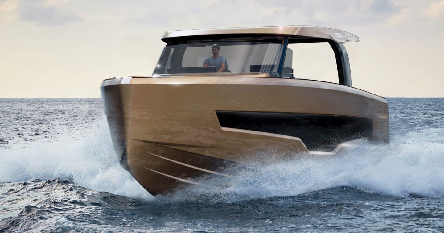 CGI of Fjord 53 XL moving at speed on water with man at helm