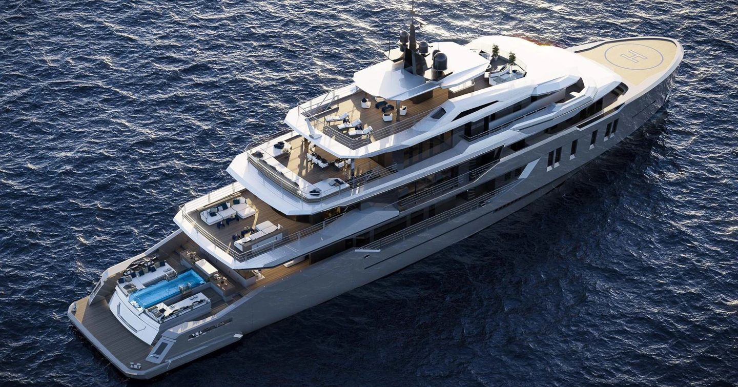 Aerial view Rendering of superyacht ICE 68 at anchor