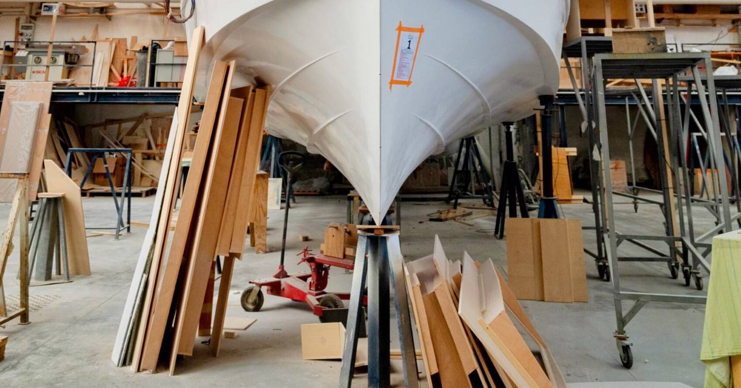 Bow of Apreamare Gozzo 48 Cabin Boat in shipyard under construction