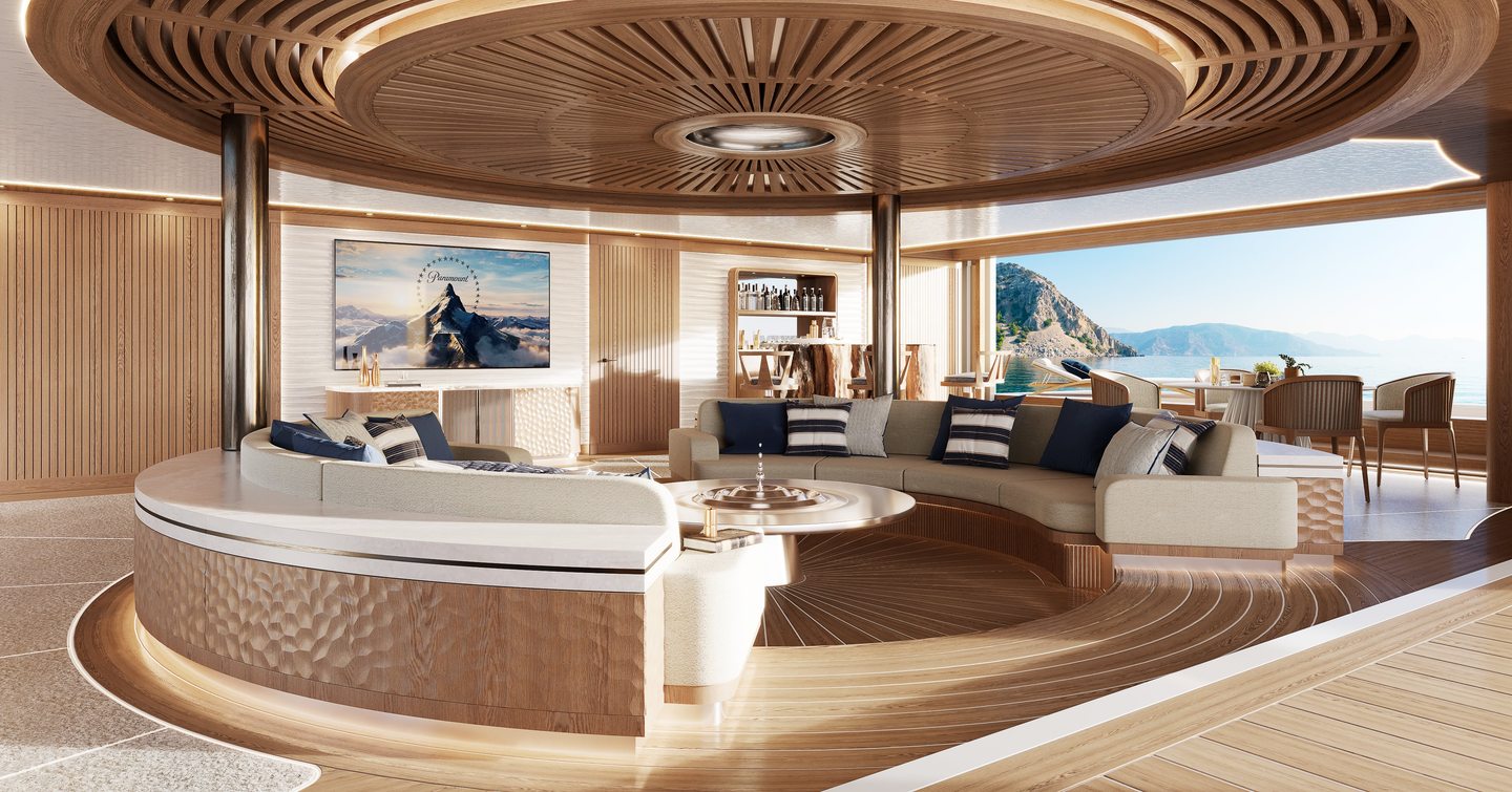 The main salon aboard BRAVO features a spectacular bronze-colored ceiling