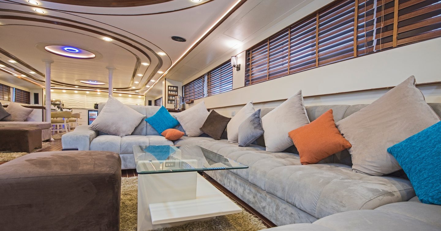 Interior design furnishing decor of the salon area in a large luxury motor yacht