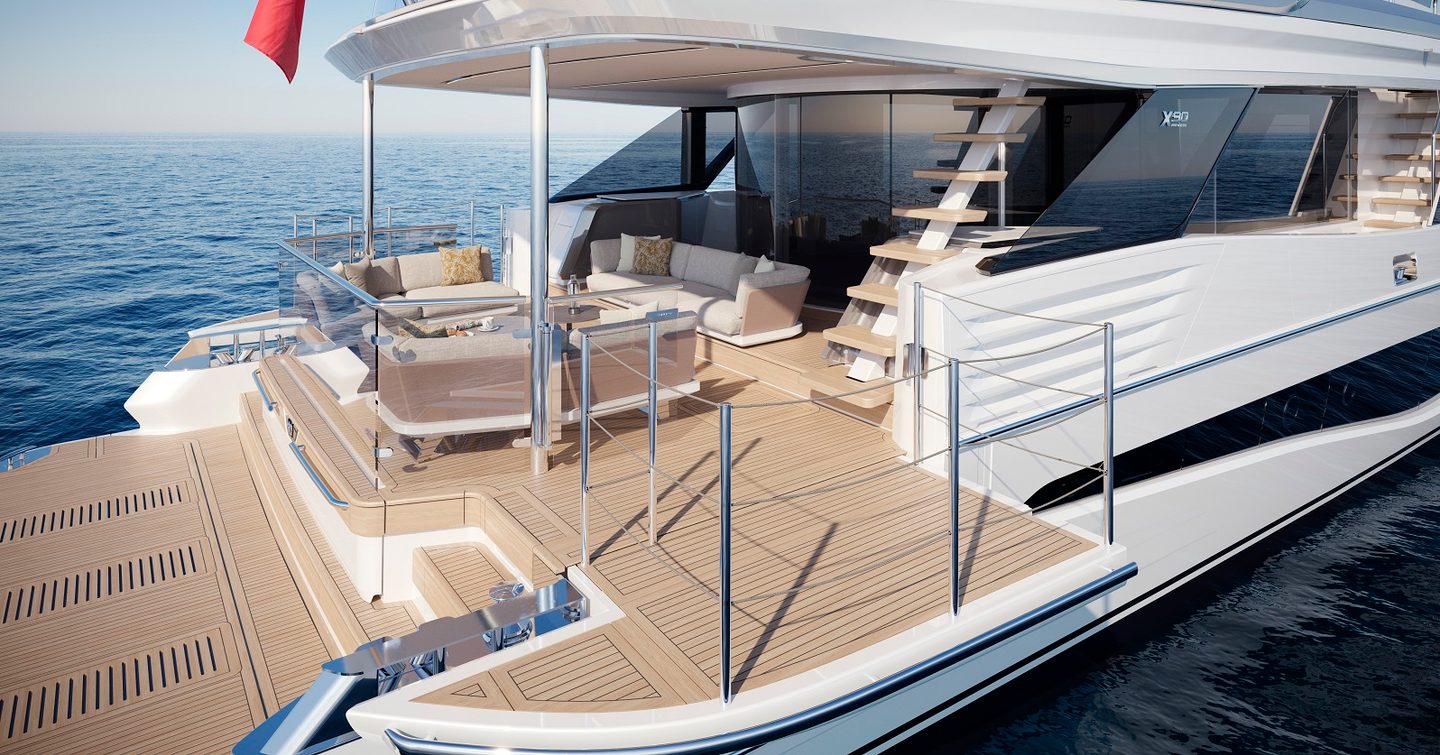 Rendering of Princess X90 motor yacht stern with fold out balconies and shaded alfresco dining
