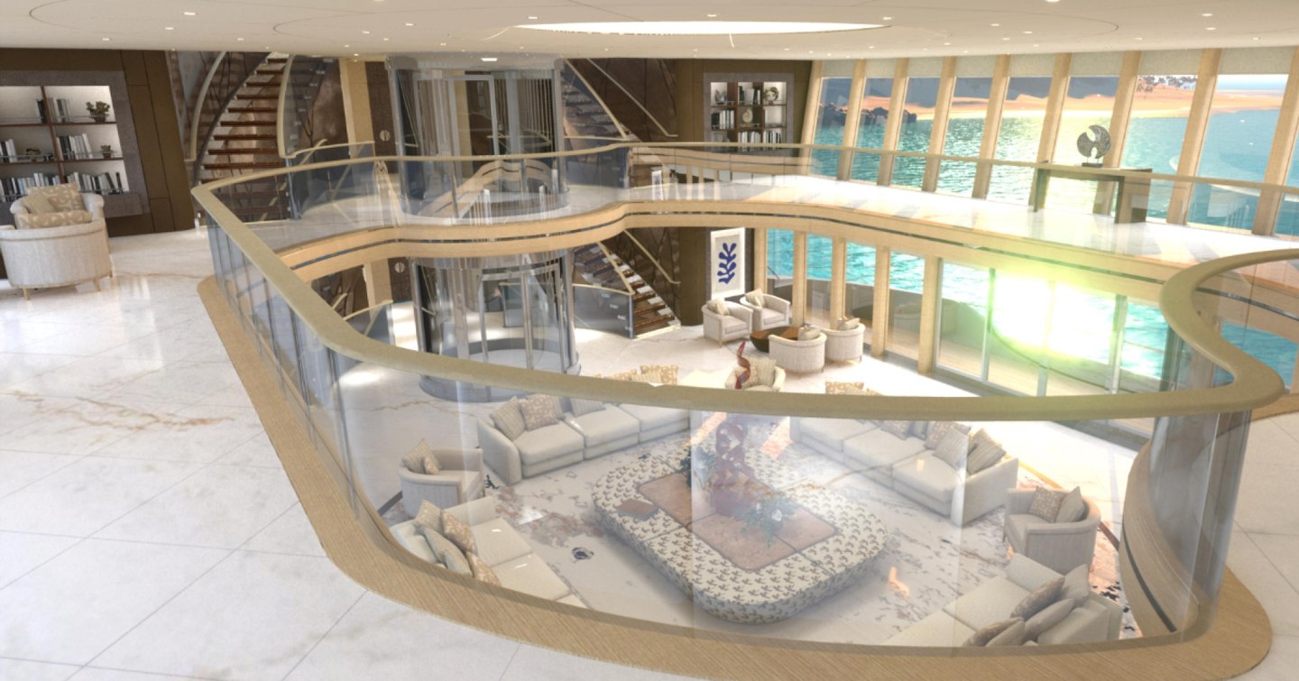 Rendering of top floor of two level saloon on Superyacht concept EMIR