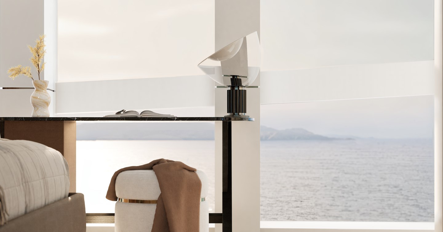 Close up of Superyacht Ingot's master cabin full length windows