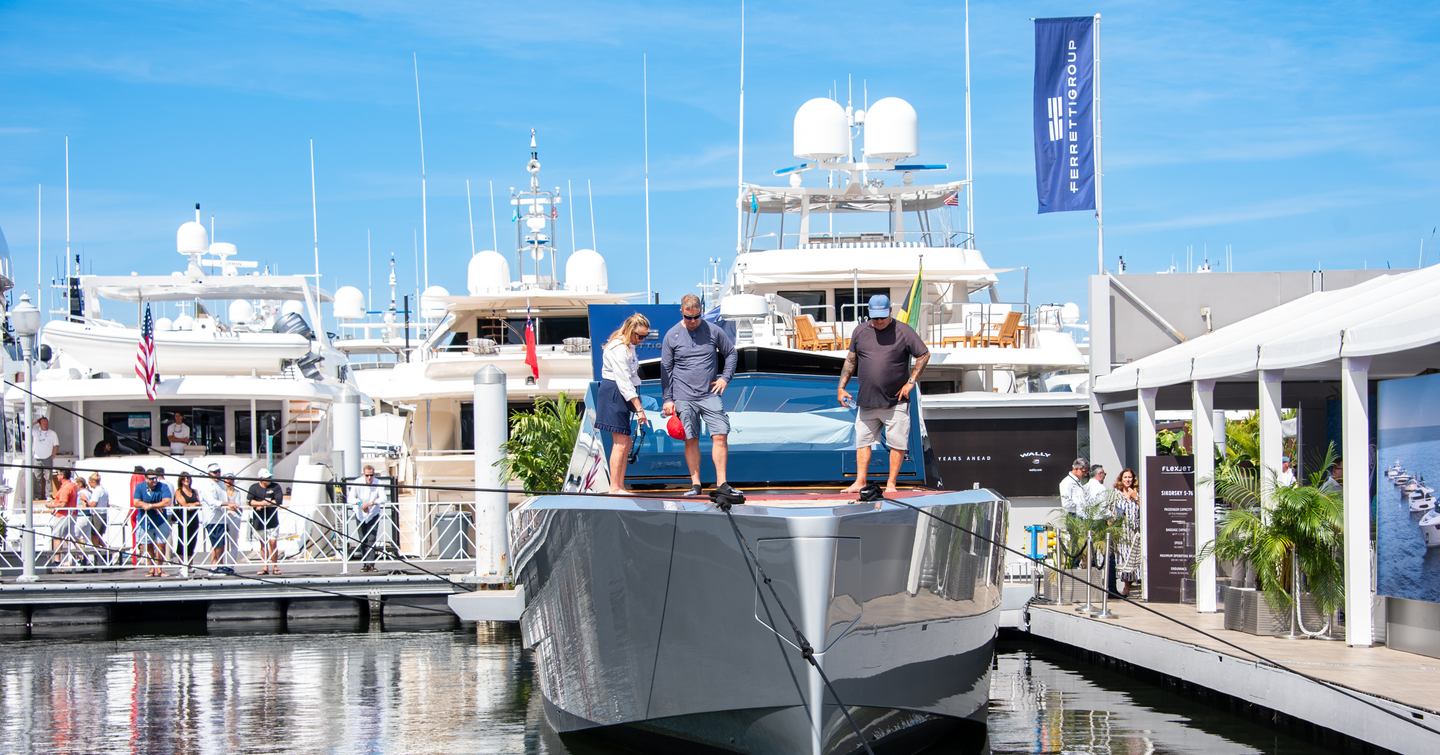 Ferretti yachts stand at Palm Beach Yacht show