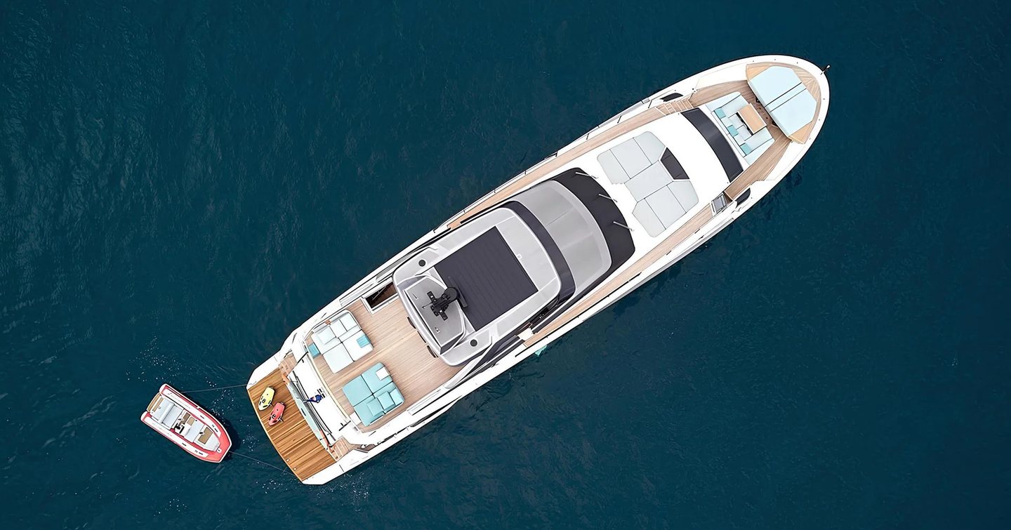 Sanlorenzo motor yacht Kapusha at anchor aerial view 