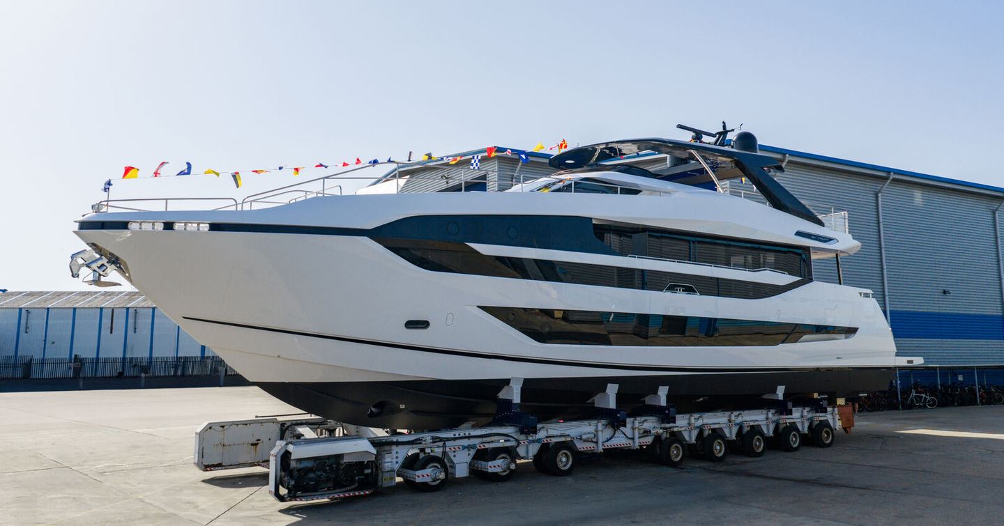 First Sunseeker Manhattan 94 yacht at launch on wheels 