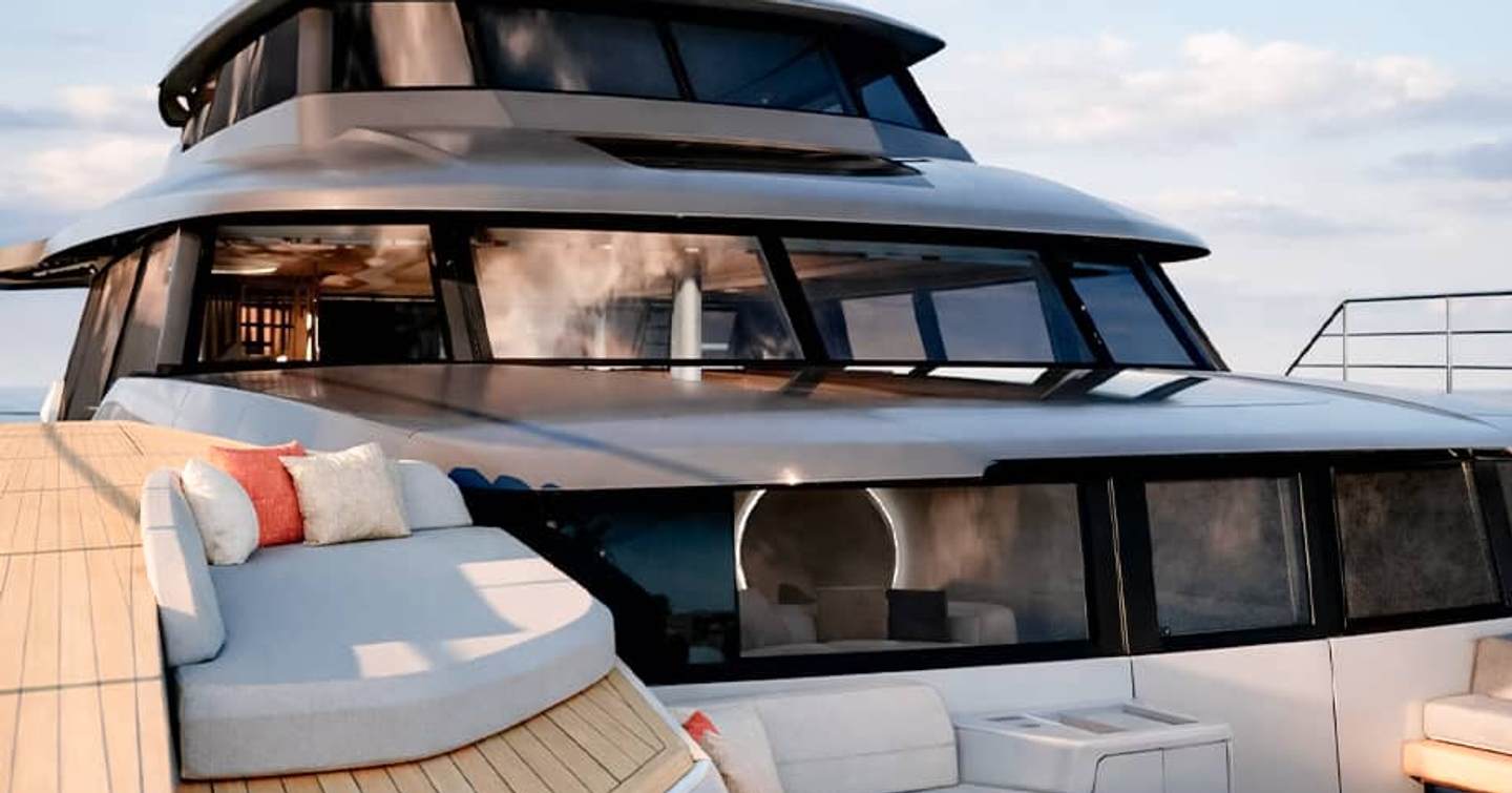 Rendering of Fountaine Pajot FPY120 catamaran upper foredeck with levelled glass and integrated sunpads 