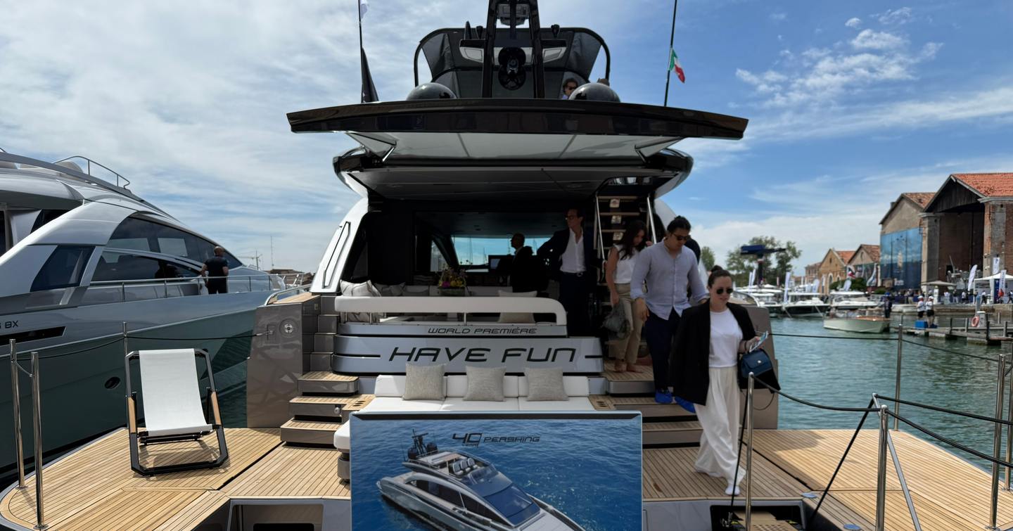 Aft deck of Pershing GTX70 motor yacht docked at Venice Boat Show 2025