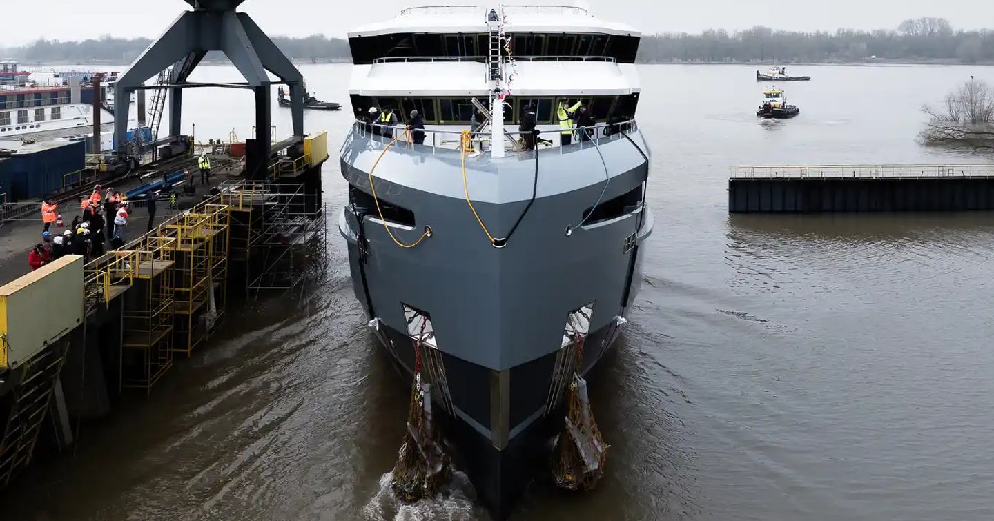 Front shot of Expedition Yacht Horizon during launch ceremony