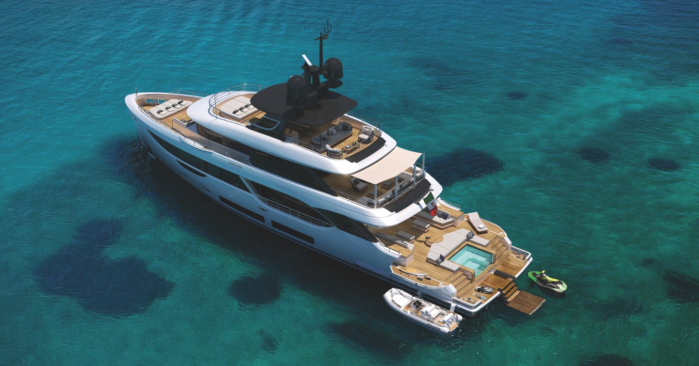 Aerial view of Benetti Oasis 34m superyacht at achor with deployed tender 