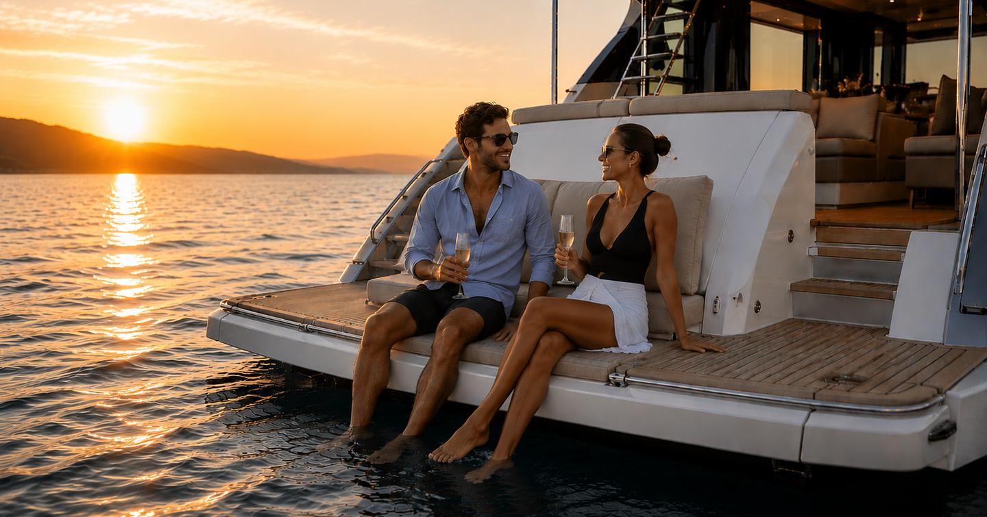 Couple sat on the swim platform of a yacht during sunset with drinks 