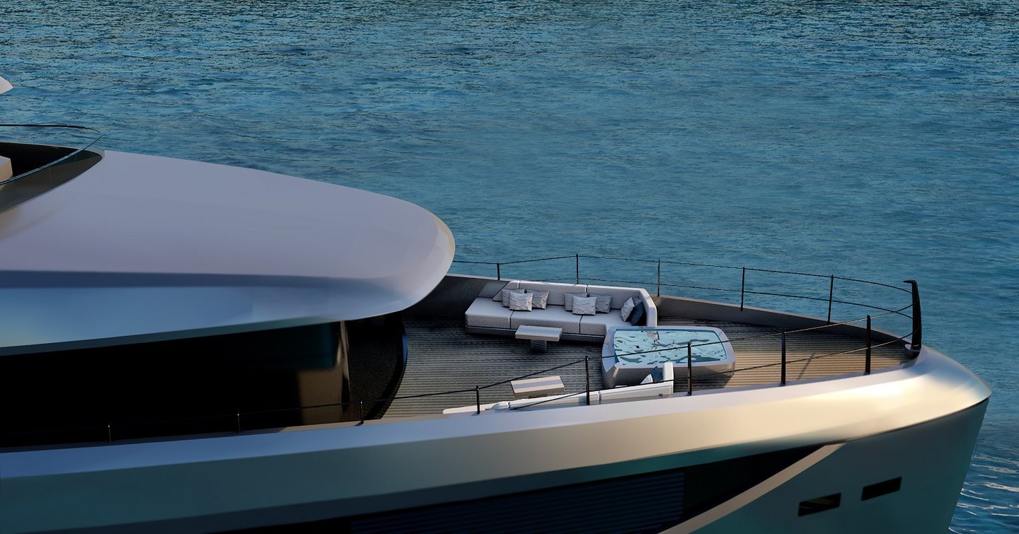 A render showing the bow Jacuzzi onboard the Virtus XP superyacht